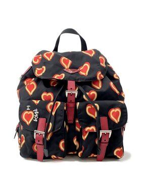 Prada Backpack Heart Pattern Nylon Black Red